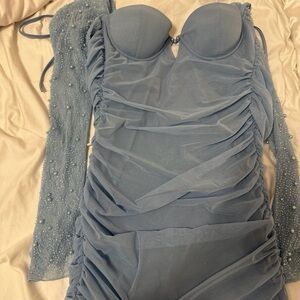 Oh Polly- Blue Ruched Dress with Beaded Sleeve